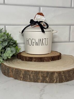 Rae Dunn Cream Ceramic Canister with Black 'HOGWARTS' Lettering